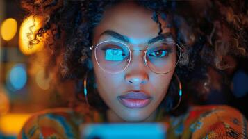 ai generado mujer vistiendo lentes mirando a célula teléfono foto