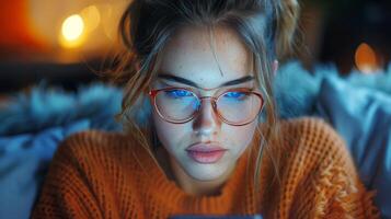 ai generado mujer vistiendo lentes mirando a célula teléfono foto