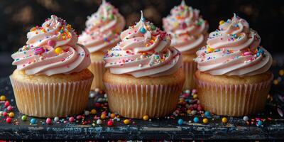 AI generated Three Cupcakes With Blue Frosting and Sprinkles photo