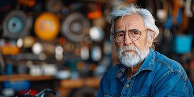 ai generado hombre con gris pelo vistiendo un mezclilla chaqueta foto