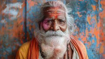 ai generado hombre con blanco pelo y barba en naranja atuendo foto