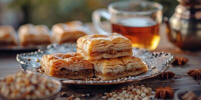 AI generated Plate of Desserts on Wooden Table photo