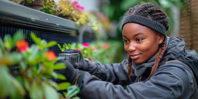 AI generated Woman Holding Air Conditioner in Black Jacket photo