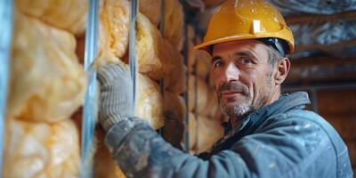 AI generated Man in Hard Hat and Safety Gear Working on Wall photo