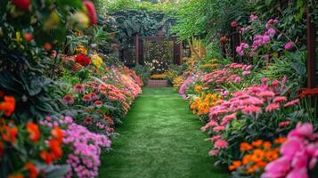 ai generado vistoso flor jardín en lleno floración foto