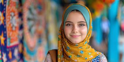 ai generado sonriente mujer en amarillo hijab foto