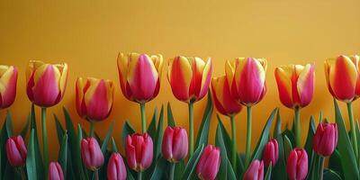AI generated Group of Red and Yellow Tulips Against Yellow Wall photo