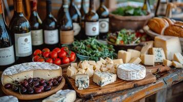 ai generado clasificado quesos y vino en mesa foto