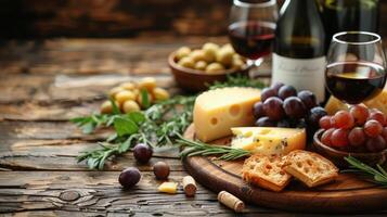 AI generated Assorted Cheeses and Wine on Table photo