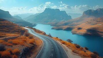 ai generado aéreo ver de devanado la carretera en el montañas foto