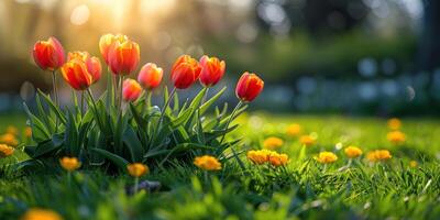 ai generado grupo de flores creciente fuera de el suelo foto