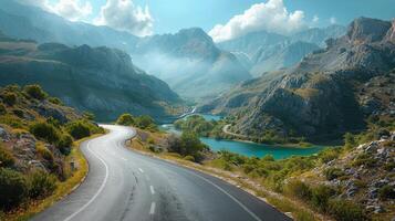 AI generated Aerial View of Winding Road in the Mountains photo