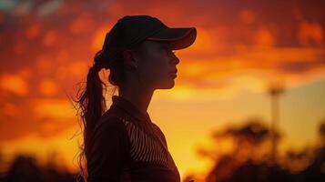 ai generado mujer participación tenis raqueta en frente de puesta de sol foto