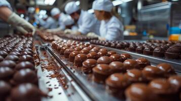 AI generated Conveyor Belt Filled With Chocolates photo