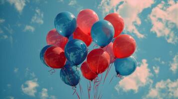 ai generado rojo y azul globos flotante en el aire foto