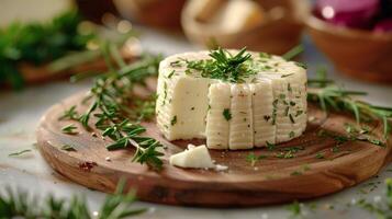 AI generated Cheese With Herbs on Cutting Board photo