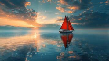 AI generated Red Sail Boat Floating on Water photo