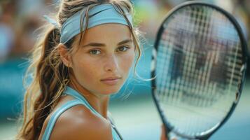 ai generado mujer participación tenis raqueta en tenis Corte foto