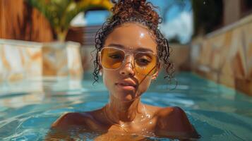 ai generado mujer en un nadando piscina vistiendo Gafas de sol foto