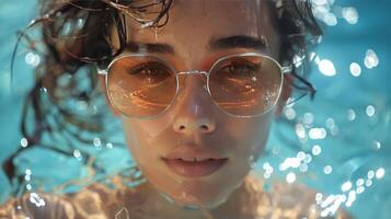 ai generado mujer en un nadando piscina vistiendo Gafas de sol foto