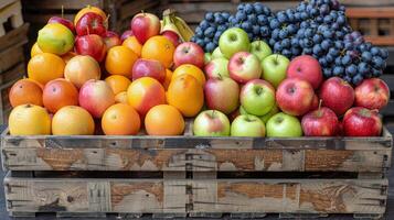 AI generated Assorted Fresh Fruits in Wooden Crate photo