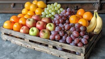 AI generated Assorted Fresh Fruits in Wooden Crate photo