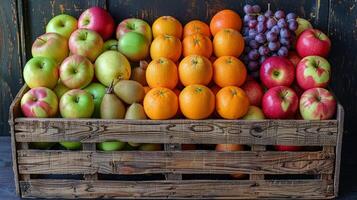 AI generated Assorted Fresh Fruits in Wooden Crate photo