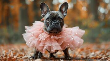 ai generado pequeño perro vistiendo rosado vestir en el lluvia foto