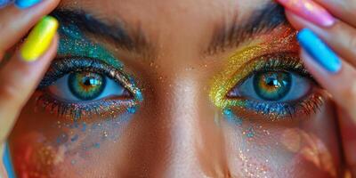 ai generado cerca arriba de personas ojo con brillante de colores maquillaje foto