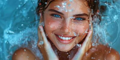 AI generated Young Woman Swimming in Blue Pool photo