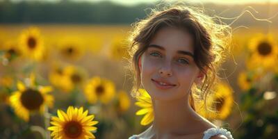 AI generated Woman Standing in Field of Sunflowers photo