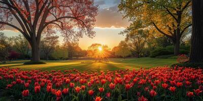 AI generated Red Tulip Field at Sunset photo