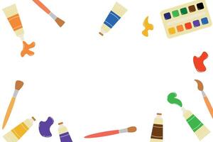 Colorful frame of paints and brushes on a white background, colored paints for drawing, hobby, activity for children, vector illustration