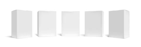 Realistic box mock up. Rectangular packaging boxes, white cardboard and blank vertical pack 3D vector template set. Closed square packing, carton containers, merchandise cases cliparts collection