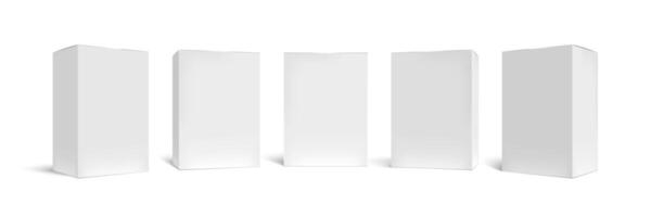 Realistic box mock up. Rectangular packaging boxes, white cardboard and blank vertical pack 3D vector template set. Closed square packing, carton containers, merchandise cases cliparts collection