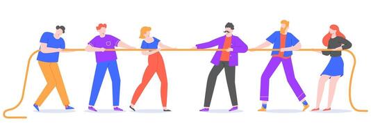 Tug of war. Young people pull the rope, opposite teams at rope pulling competition. Corporate competitions and active tug game vector isolated illustration. Competitors characters struggling