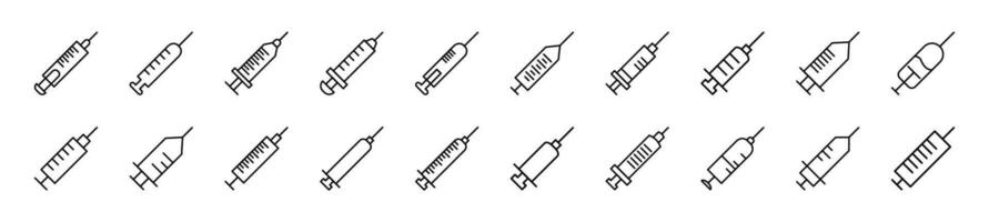 Pack of line icons of syringe. Editable stroke. Simple outline sign for web sites, newspapers, articles book vector