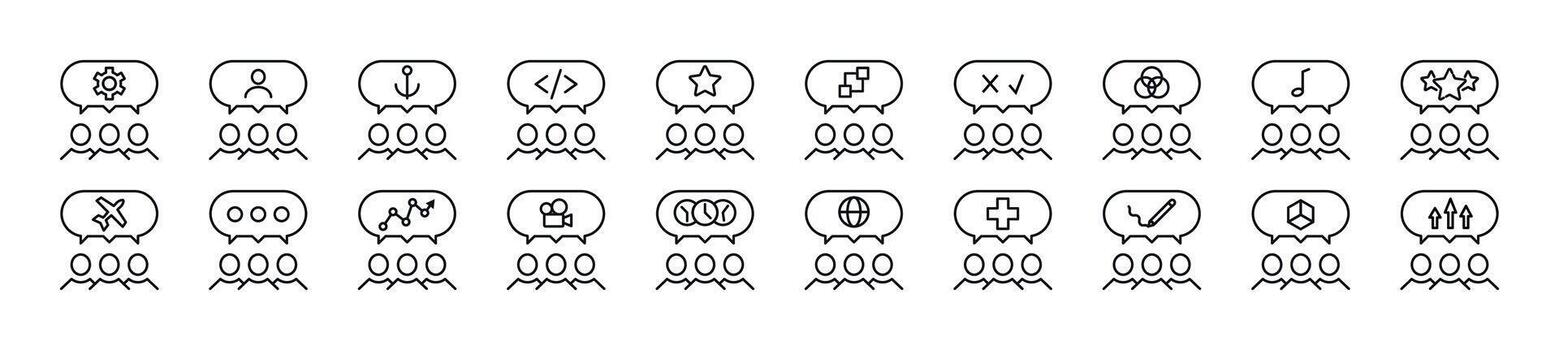 Pack of line icons of people with speech bubble. Editable stroke. Simple outline sign for web sites, newspapers, articles book vector
