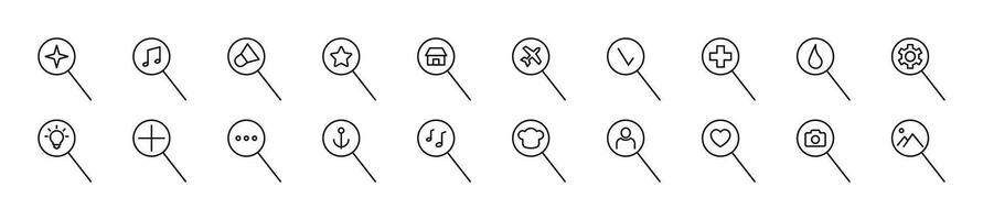 Set of thin line icons of items in magnifying glass. Editable stroke. Simple linear illustration for web sites, newspapers, articles book vector