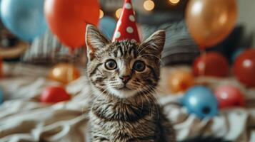 ai generado gatito en fiesta sombrero en cama foto