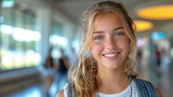 AI generated Woman Standing in Hallway With Backpack photo