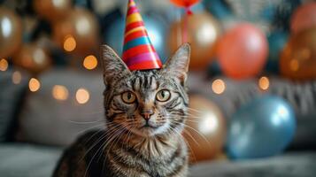 AI generated Kitten in Party Hat on Bed photo