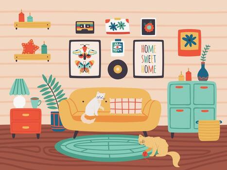 Comfy living room. Cozy stylish interior in hygge style, home decorations, living room with sofa, shelf and pictures on wall vector illustration