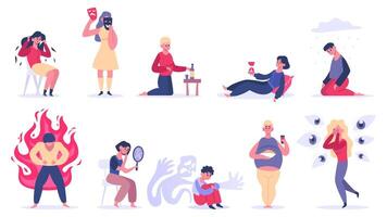 Mental disorders. Psychiatric illness, depression, bipolar disorder and phobias. Men and women psychological problems isolated vector illustration
