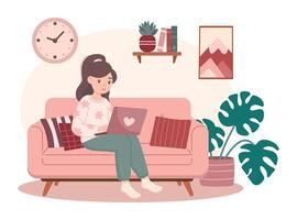 Woman sitting on sofa and working or studing online via laptop vector