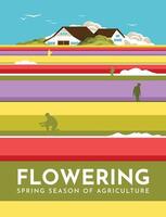 Spring blooming field with working people. house on the horizon. Flower season minimalistic poster. Vector flat illustration