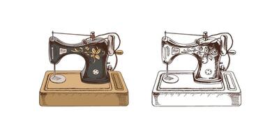 Hand-drawn colored and monochrome  sketches of vintage sewing machines. Handmade, sewing equipment concept in vintage doodle style. Engraving style. vector