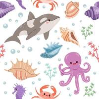 Sea animals. Seamless pattern of hand-drawn sea life creatures and elements. Vector doodle cartoon set of marine life objects. Flat illustration on white background. Collection for stickers.