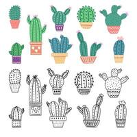 A set of hand-drawn outline and colored vector cacti isolated on white background. Doodle and flat style illustrations of spiny plants, blooming cactus, succulent plants in pots. Home plants.