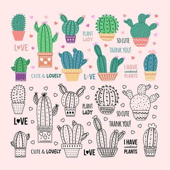 dibujado a mano vector cactus conjunto con caligrafía, letras. contorno garabatear y plano de colores gráfico diseño de espinoso plantas, floreciente cactus, suculento plantas en vistoso cerámico ollas. hogar plantas